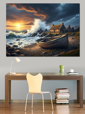 Karizma Tablo Dramatik Gün Batımı Dalgalar Dekoratif Kanvas - Mdf Ahşap Tablo