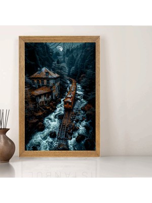 Lioncraft Ormanlı Manzaralı Tren Tablo, Wallpaper, Duvar Tablosu, Çerçeveli Cam Tablo 50X70CM