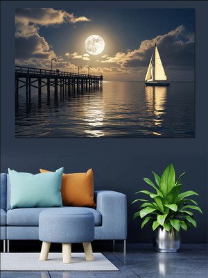 Karizma Tablo Tekne Deniz Dolunay Manzarası Dekoratif Kanvas - Mdf Ahşap Tablo