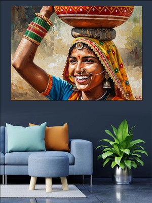 Karizma Tablo Geleneksel Kıyafet Sepet Taşıyan Dekoratif Kanvas - Mdf Ahşap Tablo