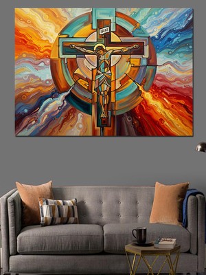 Karizma Tablo Isa Çarmıh Haç Işık Dekoratif Kanvas - Mdf Ahşap Tablo