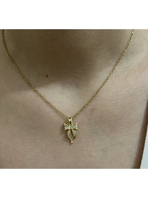 Stainless Steel Badelis Çelik Gold Zirkon Taş Detaylı Fiyonk Kolye