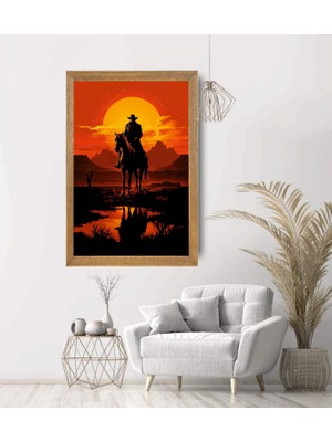 Lioncraft Atlı Kovboy Manzaralı Tablo, Wallpaper, Duvar Tablosu, Çerçeveli Cam Tablo 50X70CM