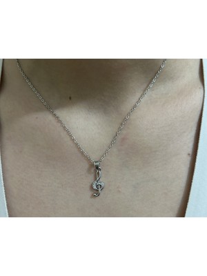 Stainless Steel Badelis Çelik Silver Renk Zirkon Taş Detalı Sol Anahtarı Kolye
