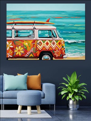 Karizma Tablo Sahilde Minibüs Retro Tarz Dekoratif Kanvas - Mdf Ahşap Tablo