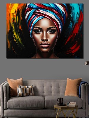Karizma Tablo Türbanlı Kadın Renkli Portre Dekoratif Kanvas - Mdf Ahşap Tablo