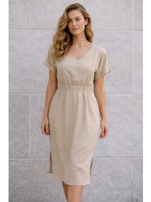 New Hill Bej V Yaka Keten Elbise