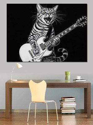 Karizma Tablo Gitar Çalan Kedi Rock Dekoratif Kanvas - Mdf Ahşap Tablo