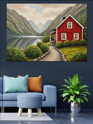 Karizma Tablo Kırmızı Ev Dağ Manzara Dekoratif Kanvas - Mdf Ahşap Tablo