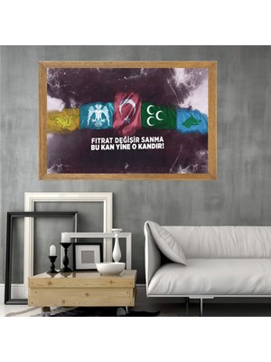 Lioncraft Türk Devletleri Bayrağı Tablo, Çerçeveli Cam Tablo 50X70 cm