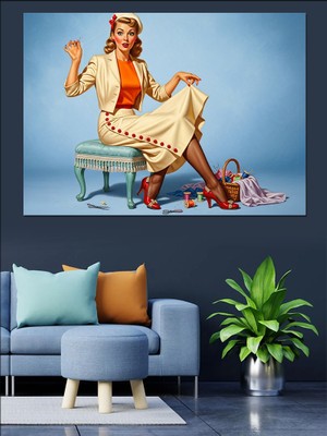 Karizma Tablo Retro Puanlı Elbiseli Kadın Dekoratif Kanvas - Mdf Ahşap Tablo