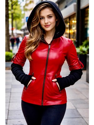 Levin Peak Rivetta Premium Kadın Deri Ceket Kapüşonlu ( Kırmızı )