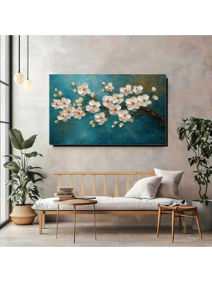 Artprinta Beyaz Çiçekli Kanvas Tablo – Turkuaz Zeminli Modern Çiçek Duvar Dekoru