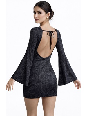 Sırt Dekolteli Simli Mini Elbise