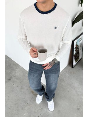 HAFKA Ekru Old Money 90's Ince Fitilli Oversize Uzun Kollu Tişört