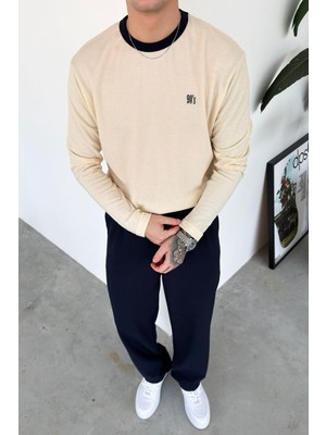 HAFKA Krem Old Money 90's Ince Fitilli Oversize Uzun Kollu Tişört