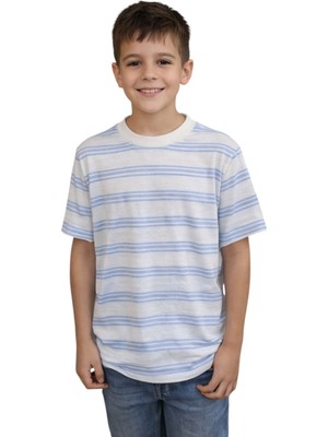 Ugly Duck 9-14 Yaş Erkek Çocuk Jakarlı Mavi Beyaz Çizgili Kısa Kollu Bisiklet Yaka T-Shirt