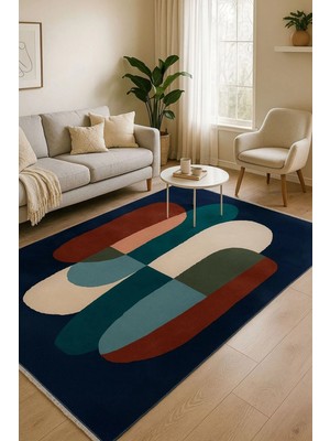 Lacivert Renkli Geometrik Desen Tasarım Modern Halı Dekoratif Kilim