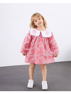 Aden Kız Çocuk Yaka Nakışlı Astarlı Bayramlık Keten Elbise