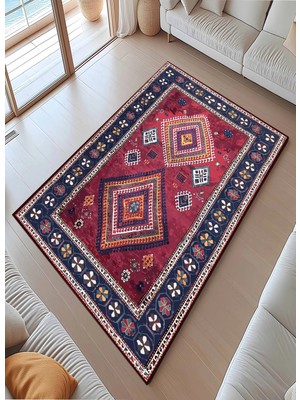 Çerçeve Motif Detaylı Etnik Desen Renk Uyum Modern Halı Dekoratif Kilim