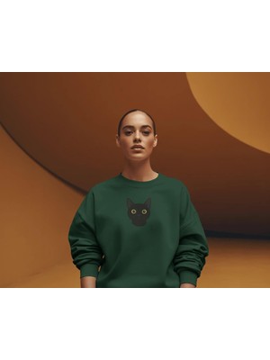 Siyah Kedi (Bombay) Baskılı Kadın Unisex Sweatshirt – Minimal Tasarım | Muhtar Store