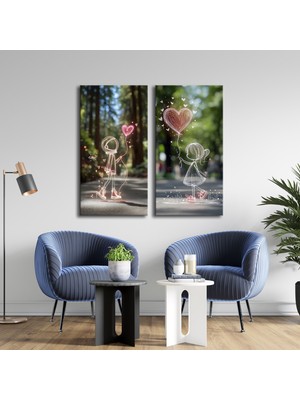 Tilki Dünyası Sevgililer Gününe Özel 2 Parça Kanvas Tablo Seti - Sen ve Ben Tasarımlı - Aşk Temalı - 30X60 cm