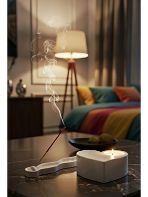 Safir Design Dekoratif 2'li Kalp Mumluk ve Tütsülük Seti - Mum ve Tütsü Hediyeli