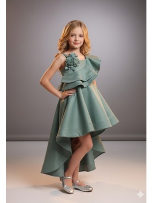 Kız Çocuk Askılı Tek Omuz Astarlı Fermuar Kapama Sırt Lastikli Çiçek Süsleme Abiye