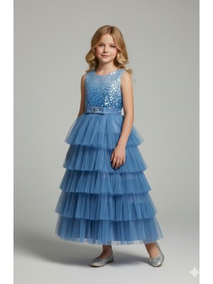 Kız Çocuk Pul Payet Işleme Parıltılı Kat Kat Tül Fermuar Kapama Sırt Lastikli Astarlı Kolsuz Abiye