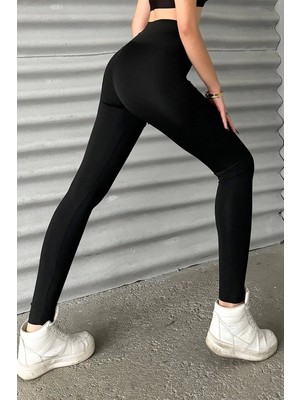 FRY Esnek Yüksek Bel Siyah Uzun Parlak Disco Tayt ( Lisinya )