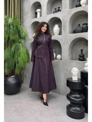 Cardella Viyola Asimetrik Fermuar Detaylı Ceket Etek Takım - Tesettür Uyumlu