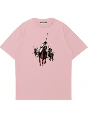 Mad&Calf Unisex Horse Rider Baskılı Bisiklet Yaka Oversize Tshirt