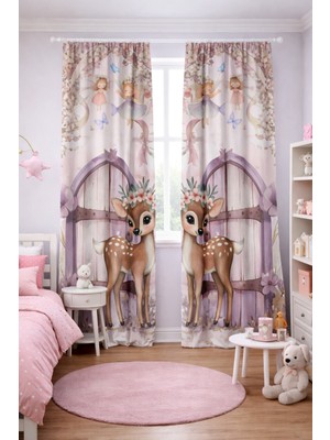 Bebişim Halı Bebek Çocuk Odası Çift Kanatlı Fon Perde Sevimli Geyik Desenli