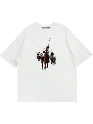 Mad&Calf Unisex Horse Rider Baskılı Bisiklet Yaka Oversize Tshirt