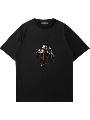Mad&Calf Unisex Horse Rider Baskılı Bisiklet Yaka Oversize Tshirt