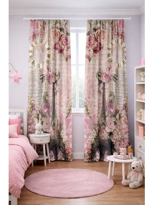 Bebişim Halı Kız Çocuk Odası Çift Kanatlı Fon Perde Eyfel Kulesi Çiçek Desenli