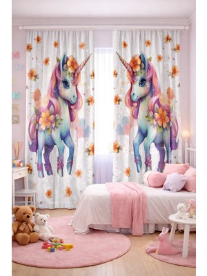 Bebişim Halı Kız Çocuk Odası Çift Kanatlı Fon Perde Çiçekli Unicorn Desenli
