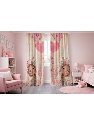 Bebişim Halı Kız Çocuk Odası Çift Kanatlı Fon Perde Kalp ve Çiçek Desenli Prenses Kız