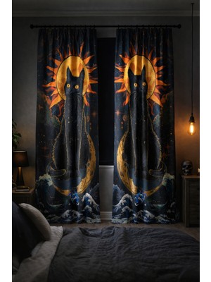 Bebişim Halı Çocuk Odası Çift Kanatlı Fon Perde Siyah Kedi Ay Güneş Desenli