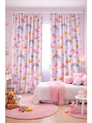 Bebişim Halı Kız Çocuk Odası Çift Kanatlı Fon Perde Gökkuşağı Taç ve Kalp Desenli
