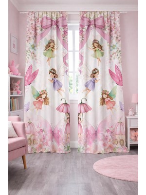 Bebişim Halı Kız Çocuk Odası Çift Kanatlı Fon Perde Peri Kızı Kelebek Çiçek Desenli