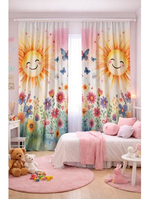 Bebişim Halı Bebek Çocuk Odası Çift Kanatlı Fon Perde Gülen Güneş Çiçek ve Kelebek Desenli