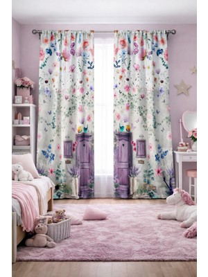 Bebişim Halı Çocuk Odası Çift Kanatlı Fon Perde Çiçek Bahçesi Kapı ve Kuş Desenli