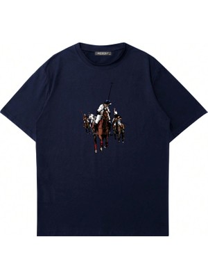 Mad&Calf Unisex Horse Rider Baskılı Bisiklet Yaka Oversize Tshirt