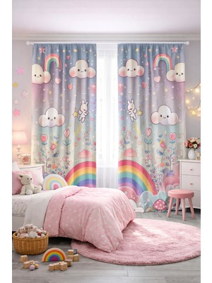 Bebişim Halı Çocuk Odası Çift Kanatlı Fon Perde Gökkuşağı Bulut Tavşan Desenli