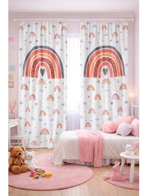 Bebişim Halı Kız Çocuk Odası Çift Kanatlı Fon Perde Gökkuşağı Bulut Desenli