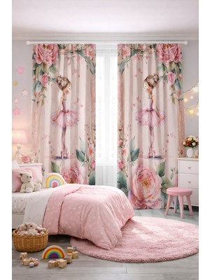 Bebişim Halı Kız Çocuk Odası Çift Kanatlı Fon Perde Balerin Kız ve Çiçek Desenli