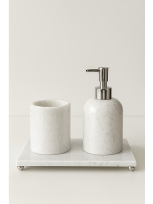 DMR Home Doğal Mermer Banyo Seti – Sıvı Sabunluk ve Diş Fırçalık | Modern Minimal Tasarım