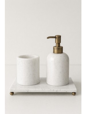 DMR Home Doğal Mermer Banyo Seti – Sıvı Sabunluk ve Diş Fırçalık | Modern Minimal Tasarım