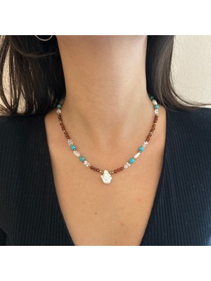 Suerte Accessories Akik Ay Taşı Hematit ve Turkuaz Doğal Taş Barok Inci Uçlu El Yapımı Doğaltaş Kadın Kolye